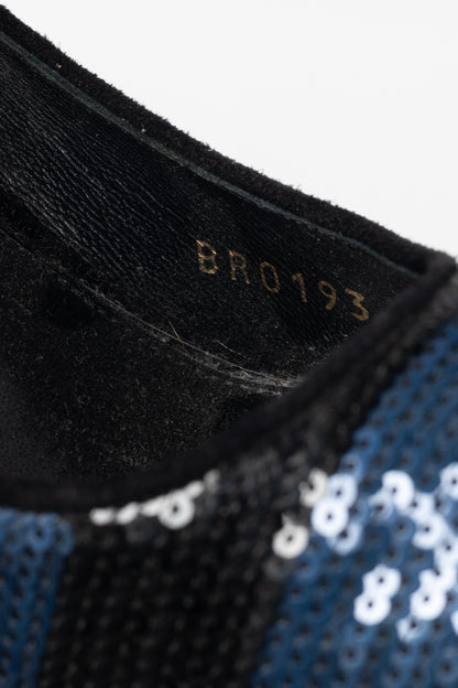 Louis Vuitton Ballroom Blue & Black Stripe-Sequin Bow Open-Toe Pumps