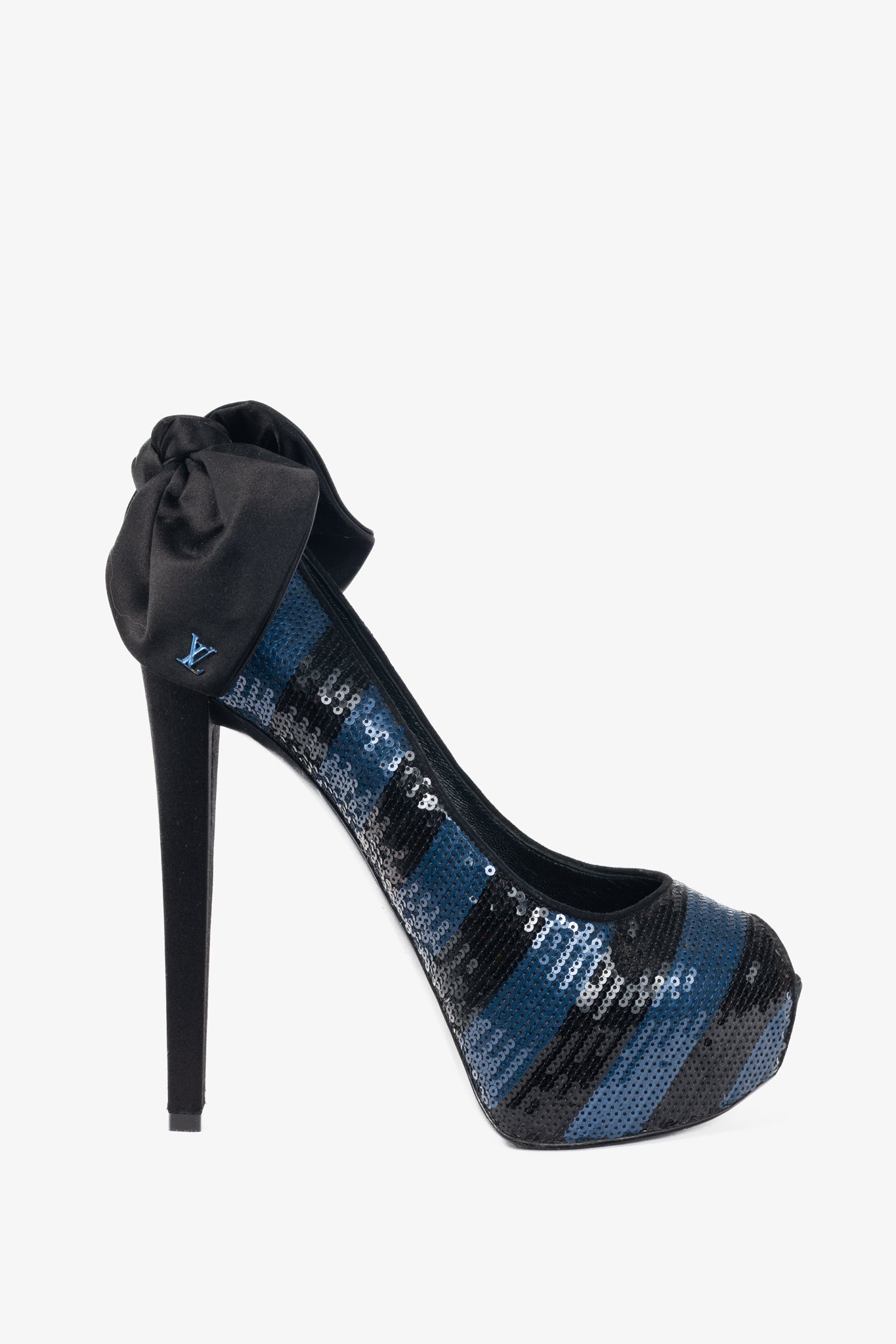 Louis Vuitton Ballroom Blue & Black Stripe-Sequin Bow Open-Toe Pumps