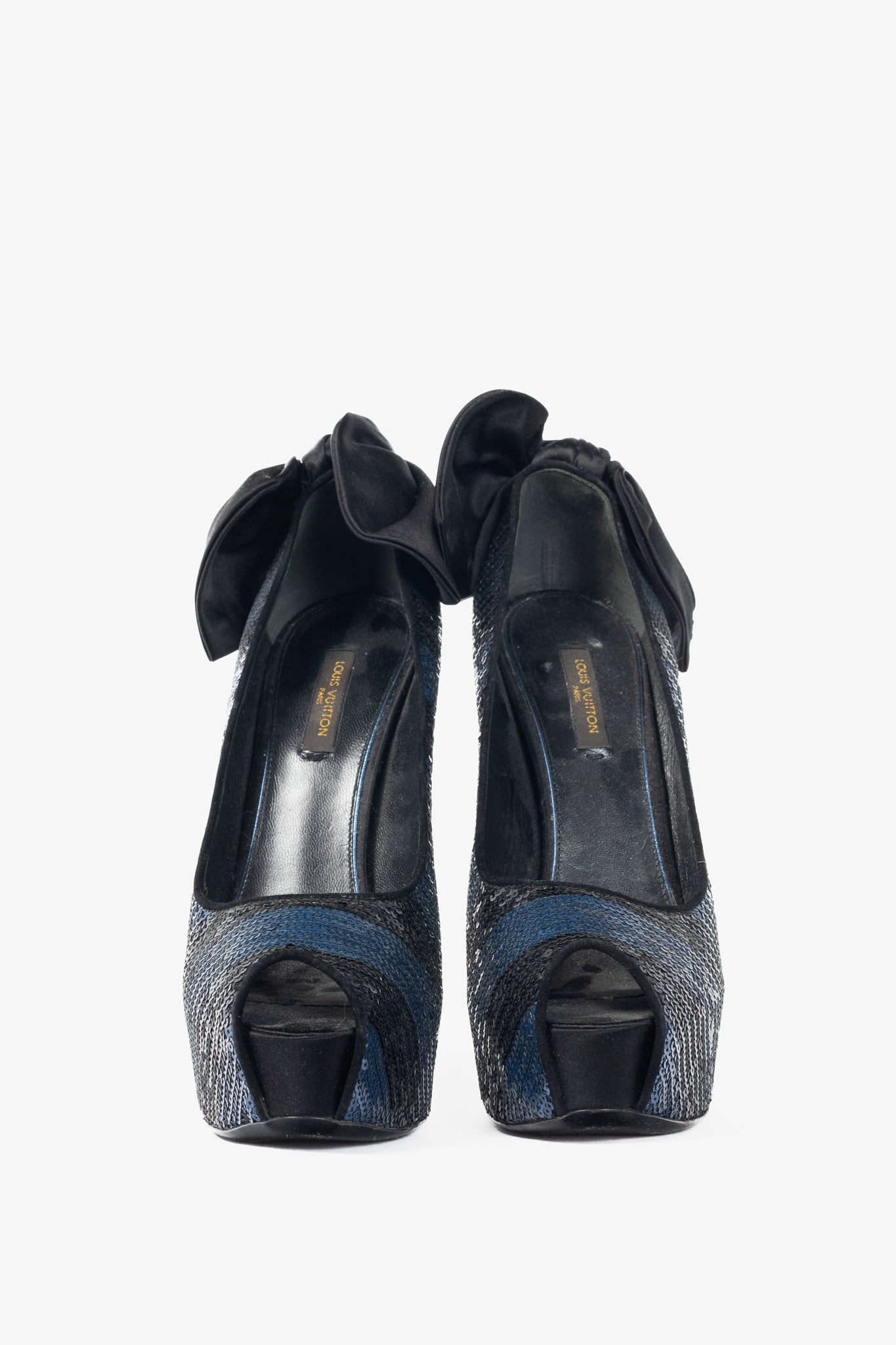 Louis Vuitton Ballroom Blue & Black Stripe-Sequin Bow Open-Toe Pumps