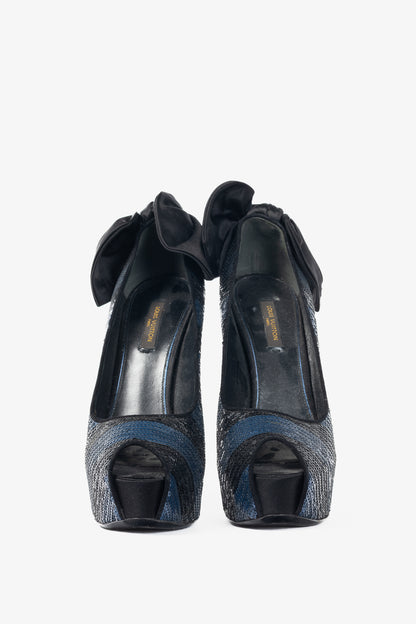 Louis Vuitton Ballroom Blue & Black Stripe-Sequin Bow Open-Toe Pumps