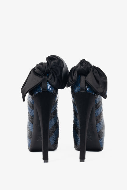 Louis Vuitton Ballroom Blue & Black Stripe-Sequin Bow Open-Toe Pumps