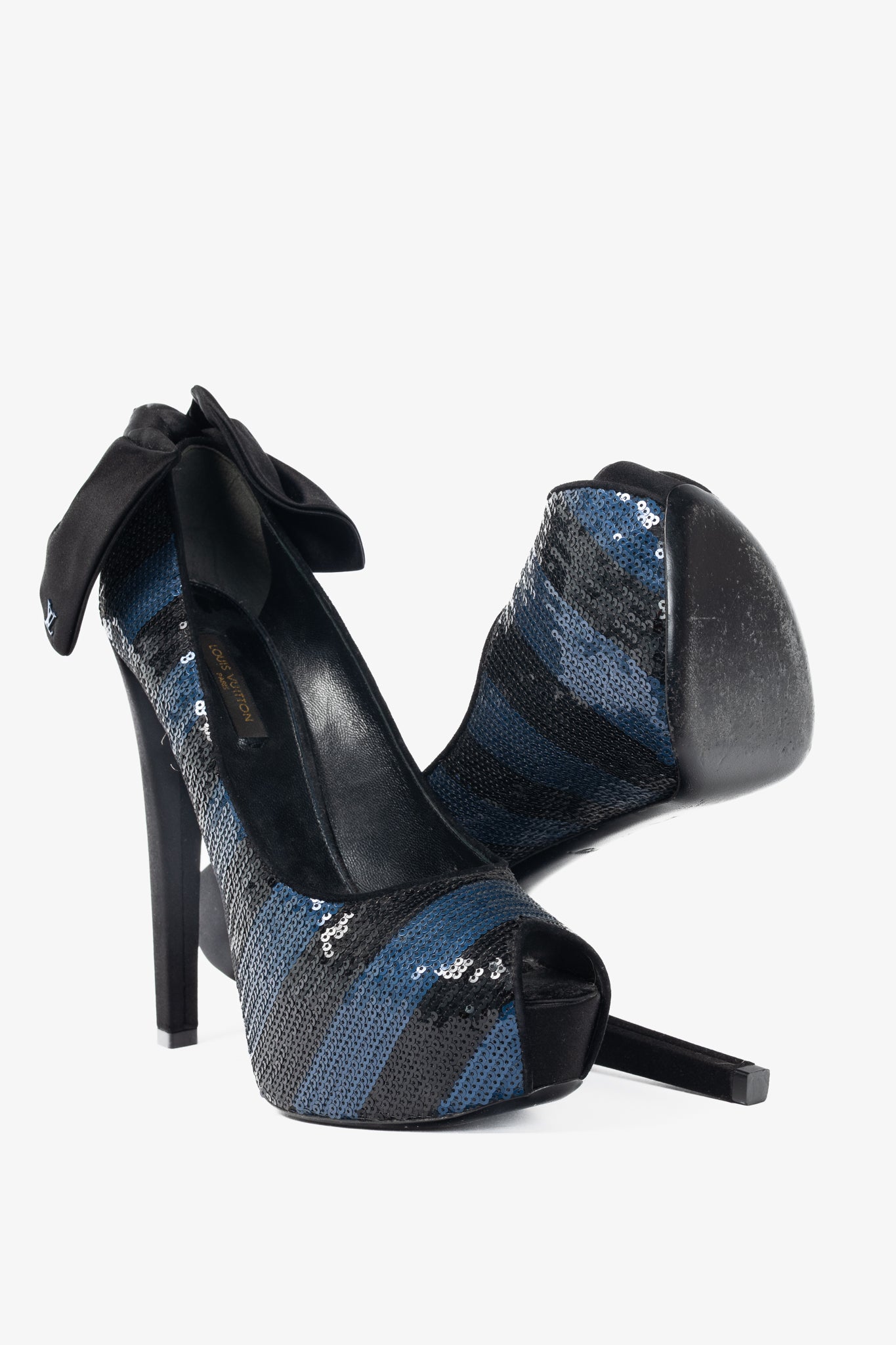 Louis Vuitton Ballroom Blue & Black Stripe-Sequin Bow Open-Toe Pumps