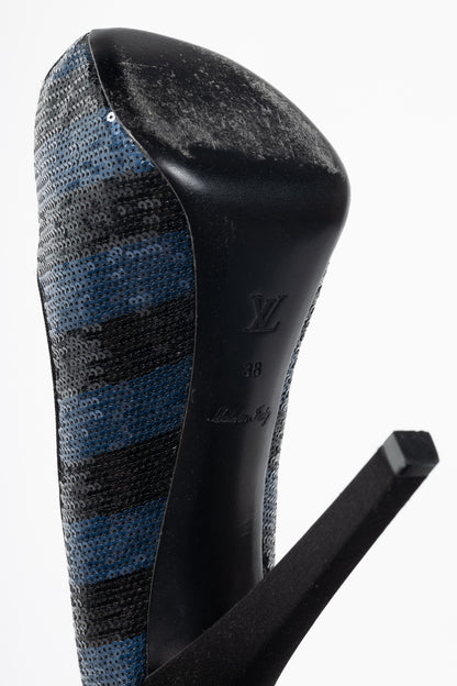 Louis Vuitton Ballroom Blue & Black Stripe-Sequin Bow Open-Toe Pumps
