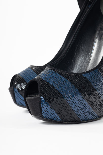 Louis Vuitton Ballroom Blue & Black Stripe-Sequin Bow Open-Toe Pumps