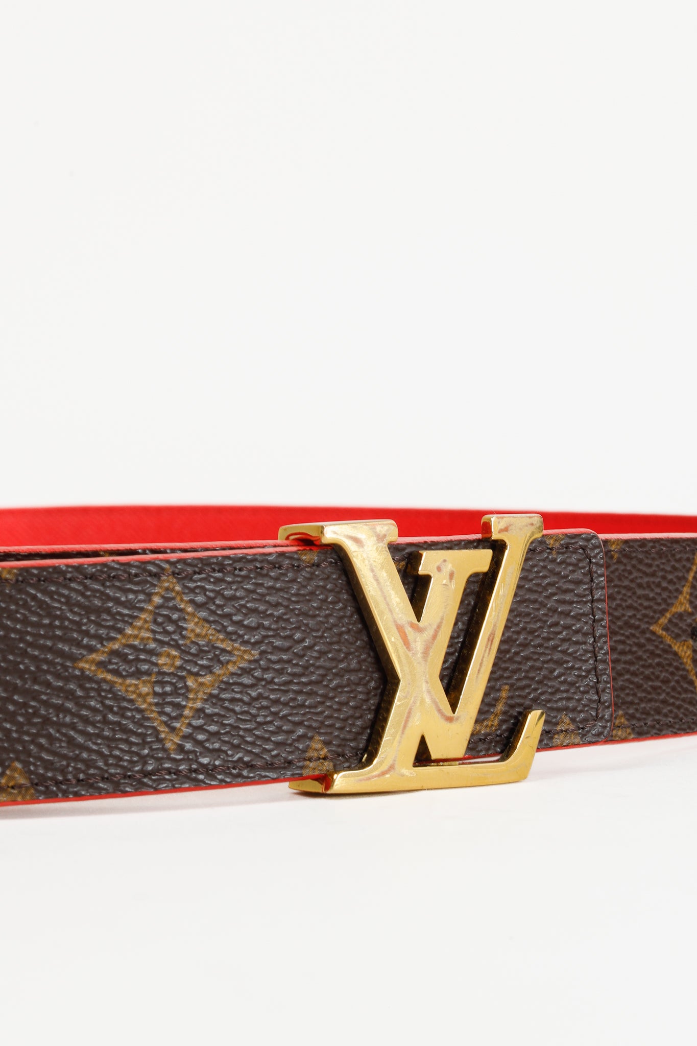 Louis Vuitton M9498 Golden LV Initiales Brown Monogram Red Reversible Belt