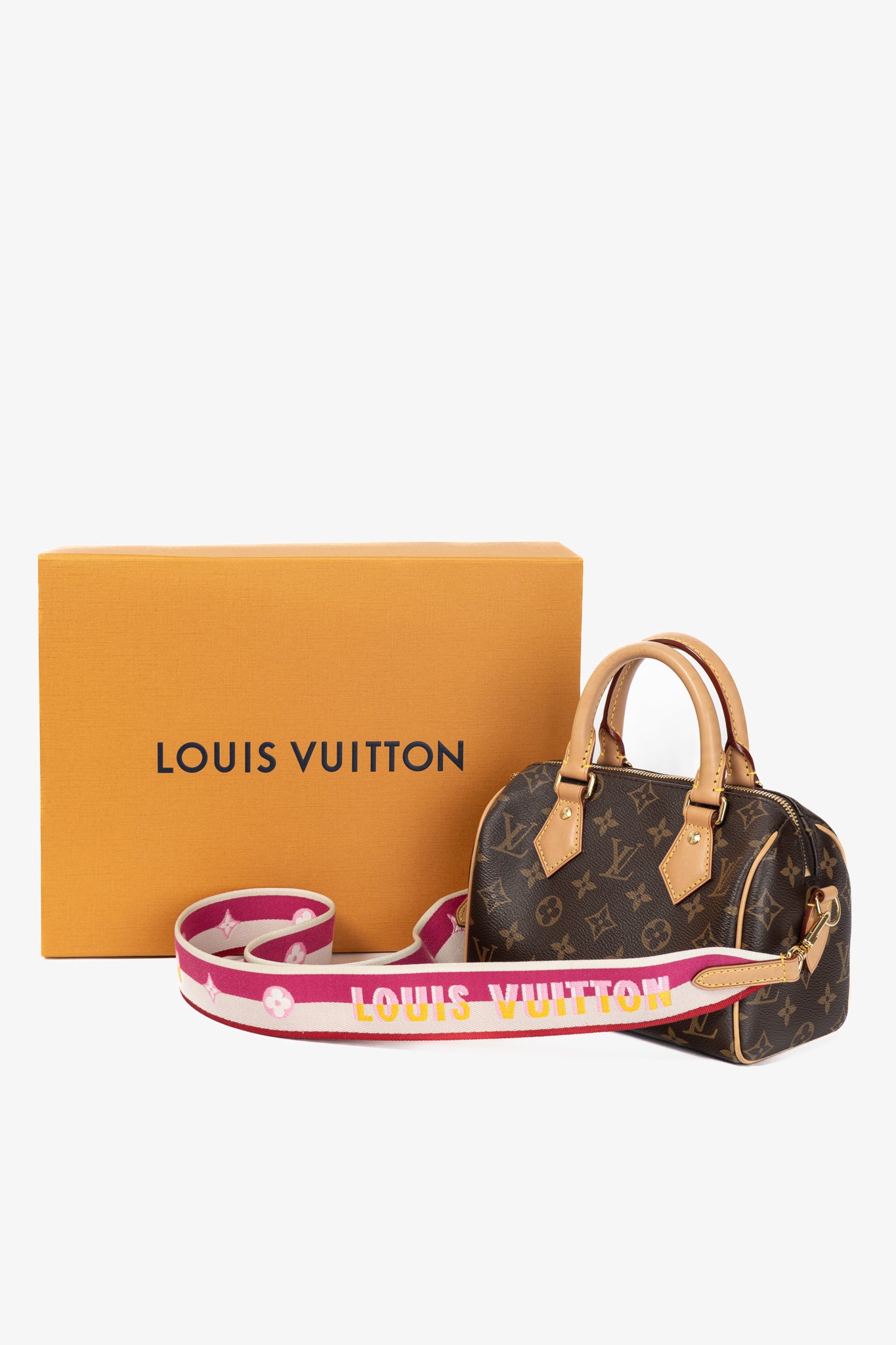 Louis Vuitton Speedy Bandouliere 20 Monogram Canvas Handbag with Fuchsia Strap