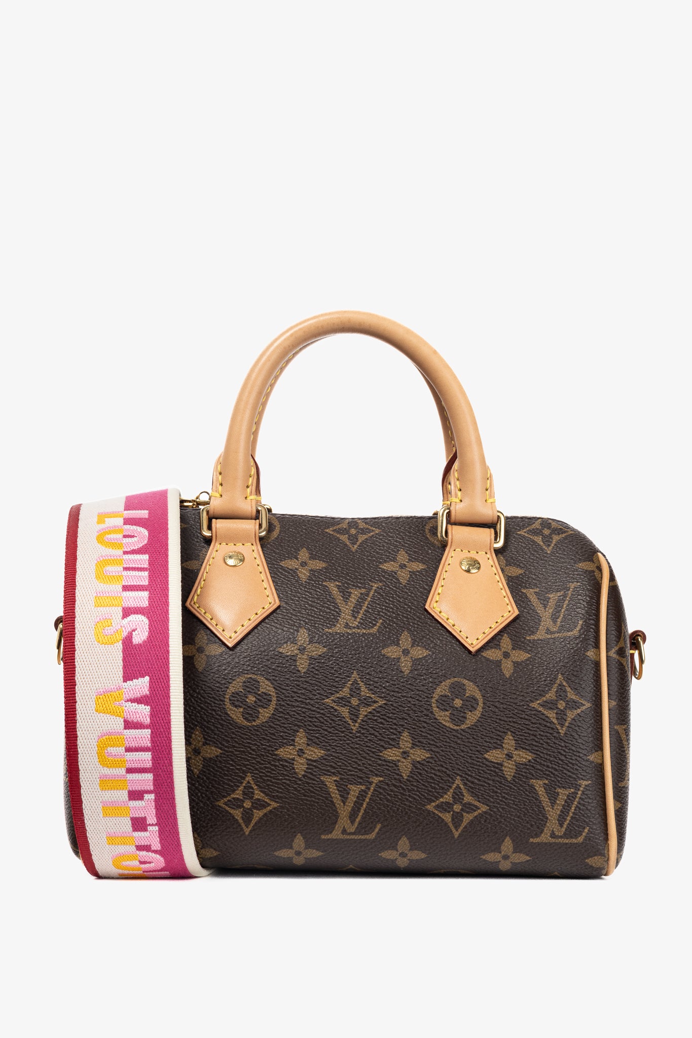 Louis Vuitton Speedy Bandouliere 20 Monogram Canvas Handbag with Fuchsia Strap
