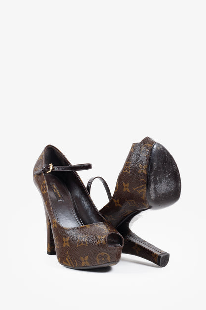 Louis Vuitton Brown Monogram Canvas Peep Toe Mary Jane Pumps