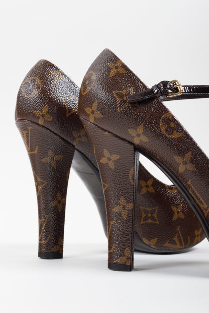 Louis Vuitton Brown Monogram Canvas Peep Toe Mary Jane Pumps