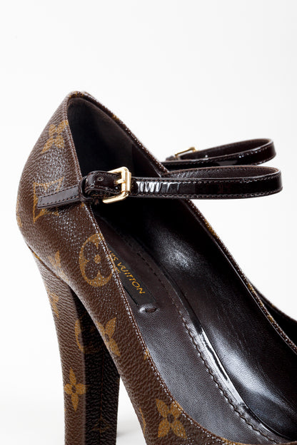 Louis Vuitton Brown Monogram Canvas Peep Toe Mary Jane Pumps