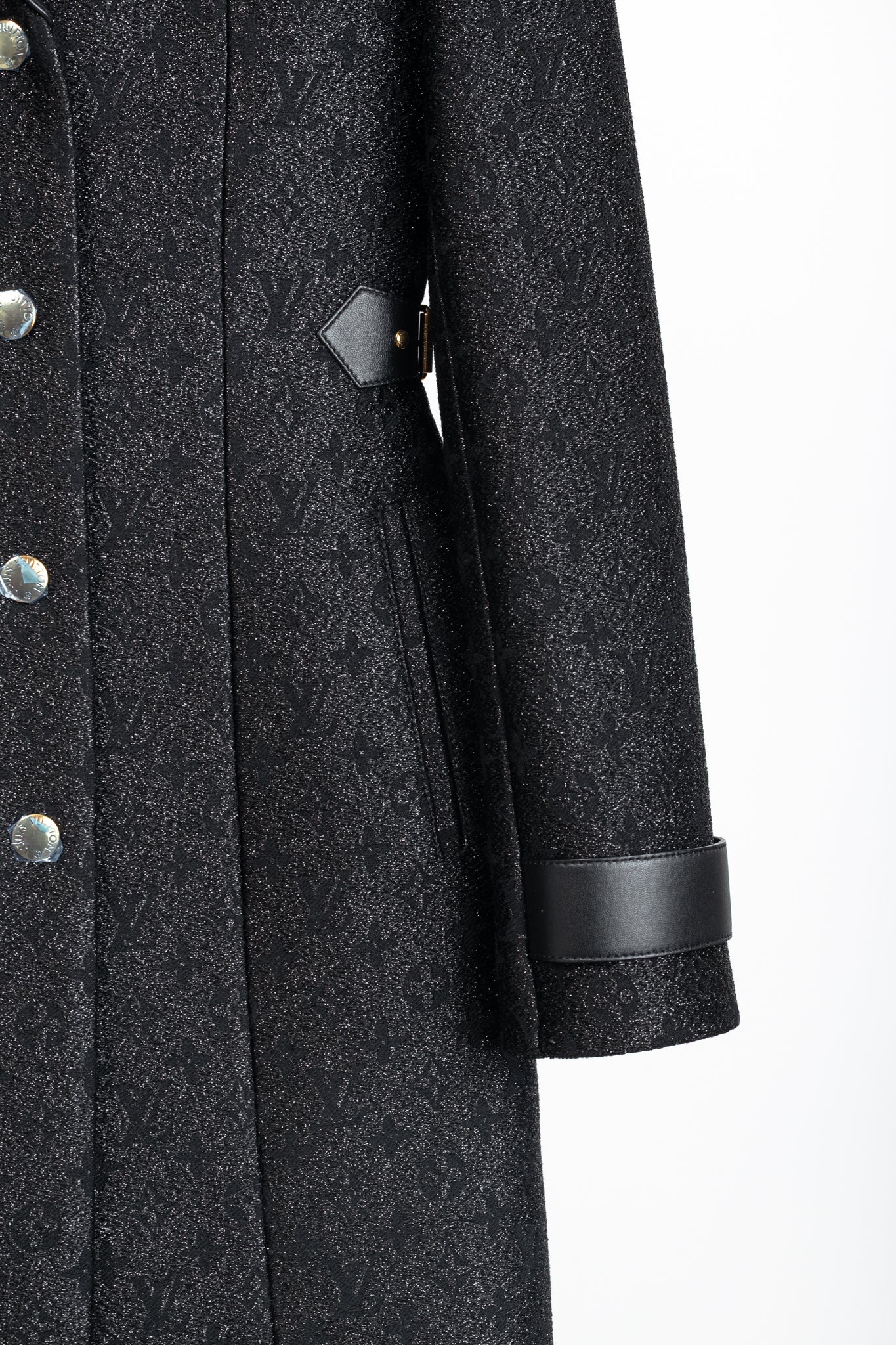 Louis Vuitton Black Monogram Wool Leather Insert A-Line Glitter Coat