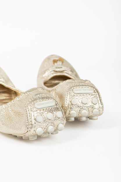Louis Vuitton Lemon Metallic Gold Pebbled Leather Bow Scrunch Flats