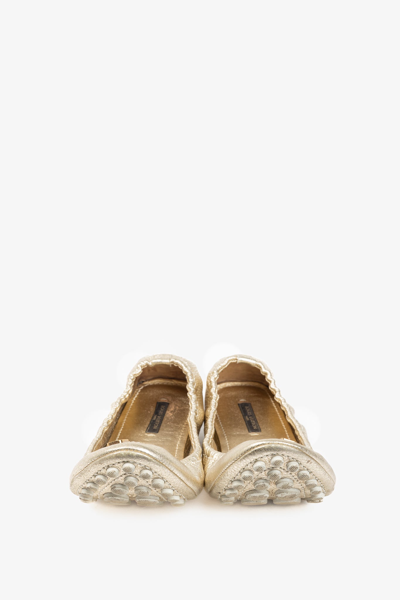 Louis Vuitton Lemon Metallic Gold Pebbled Leather Bow Scrunch Flats