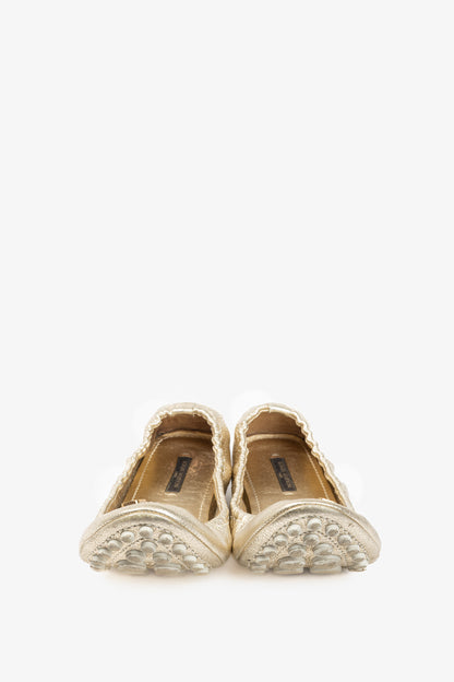 Louis Vuitton Lemon Metallic Gold Pebbled Leather Bow Scrunch Flats
