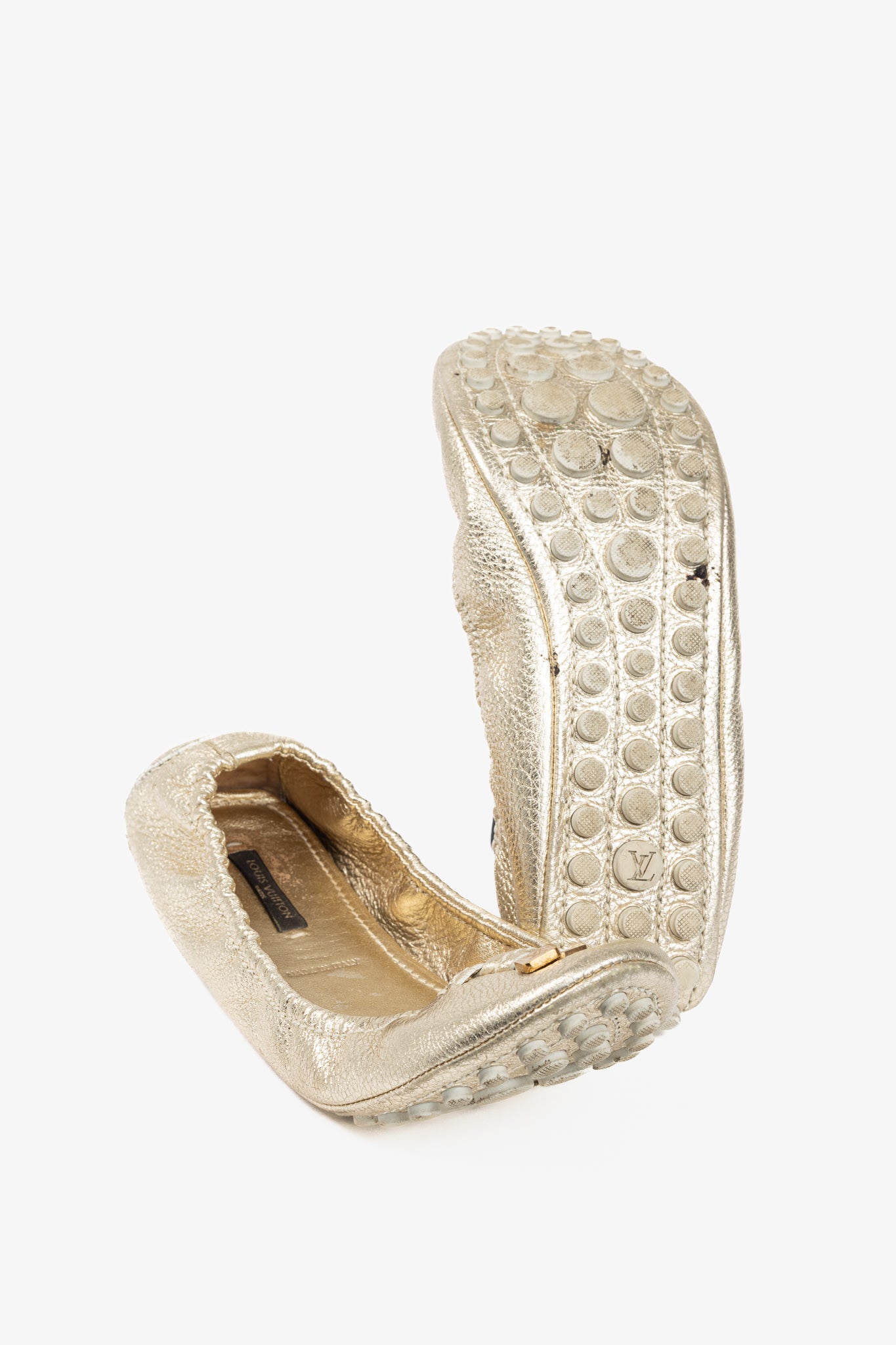 Louis Vuitton Lemon Metallic Gold Pebbled Leather Bow Scrunch Flats