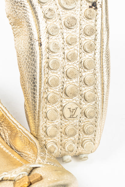 Louis Vuitton Lemon Metallic Gold Pebbled Leather Bow Scrunch Flats