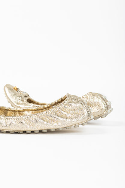 Louis Vuitton Lemon Metallic Gold Pebbled Leather Bow Scrunch Flats