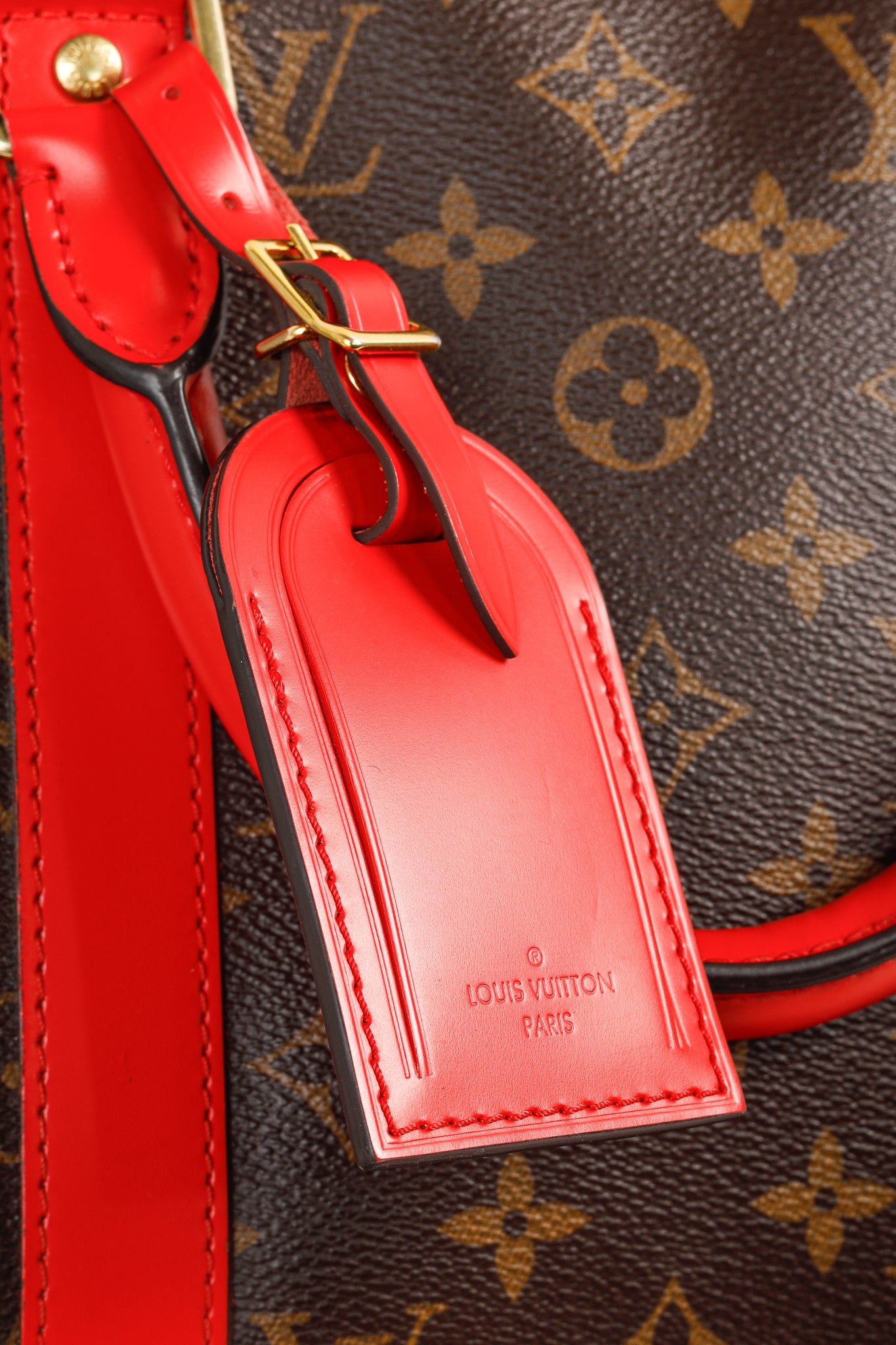 Louis Vuitton Keepall Bandoulière 50 Monogram Canvas & Coquelicot Leather Bag