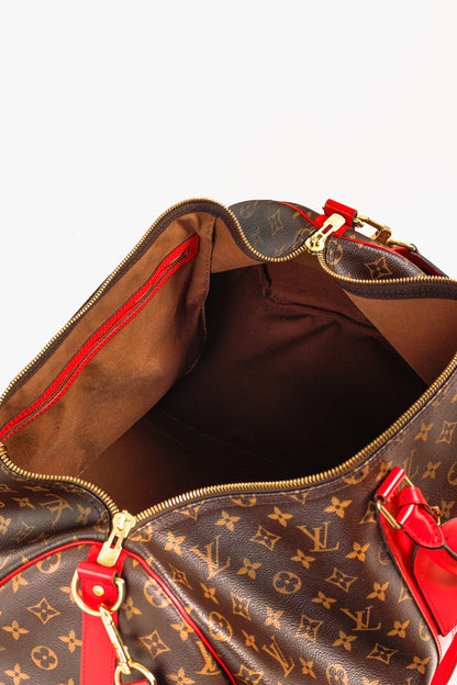 Louis Vuitton Keepall Bandoulière 50 Monogram Canvas & Coquelicot Leather Bag