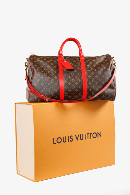 Louis Vuitton Keepall Bandoulière 50 Monogram Canvas & Coquelicot Leather Bag