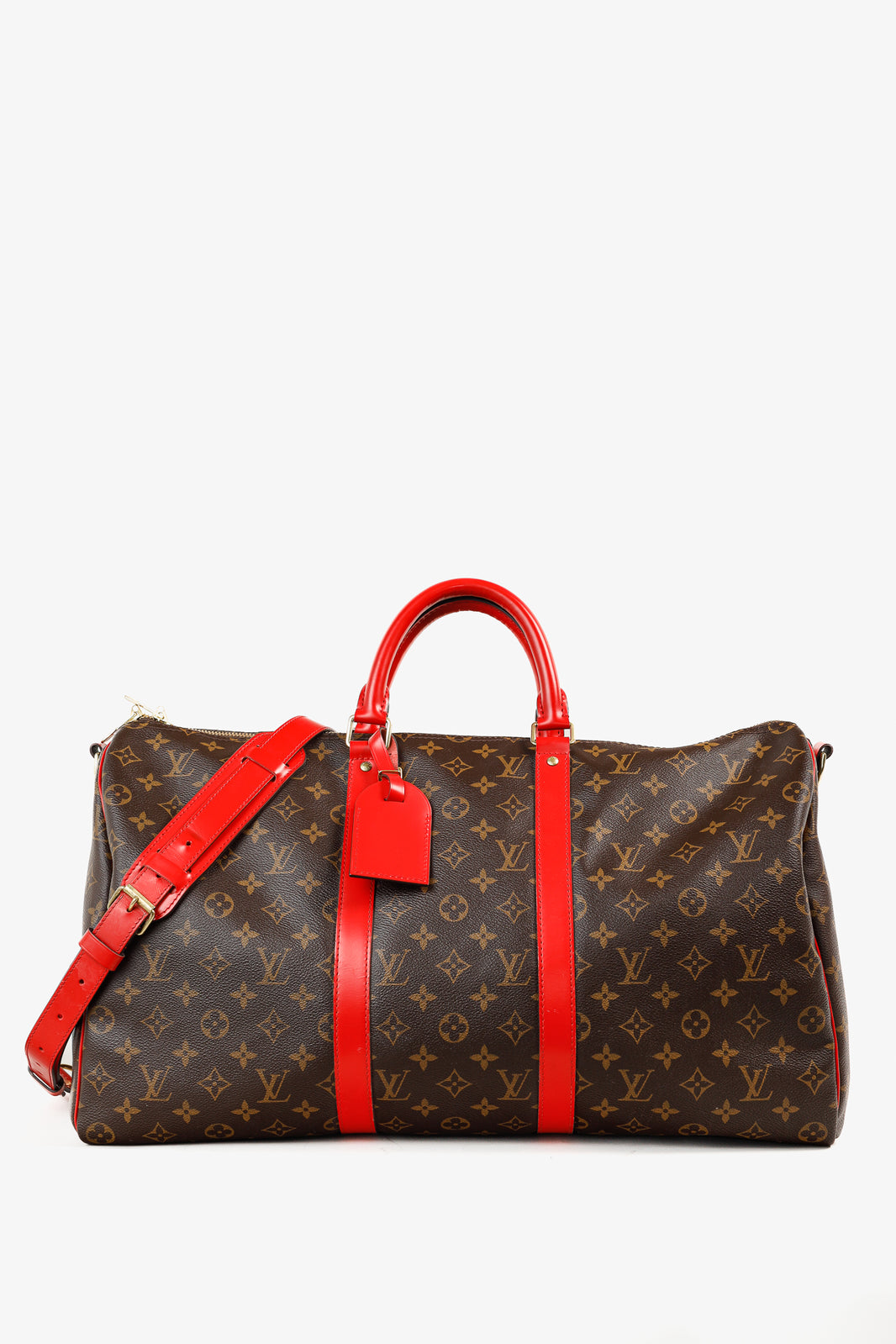 Louis Vuitton Keepall Bandoulière 50 Monogram Canvas & Coquelicot Leather Bag