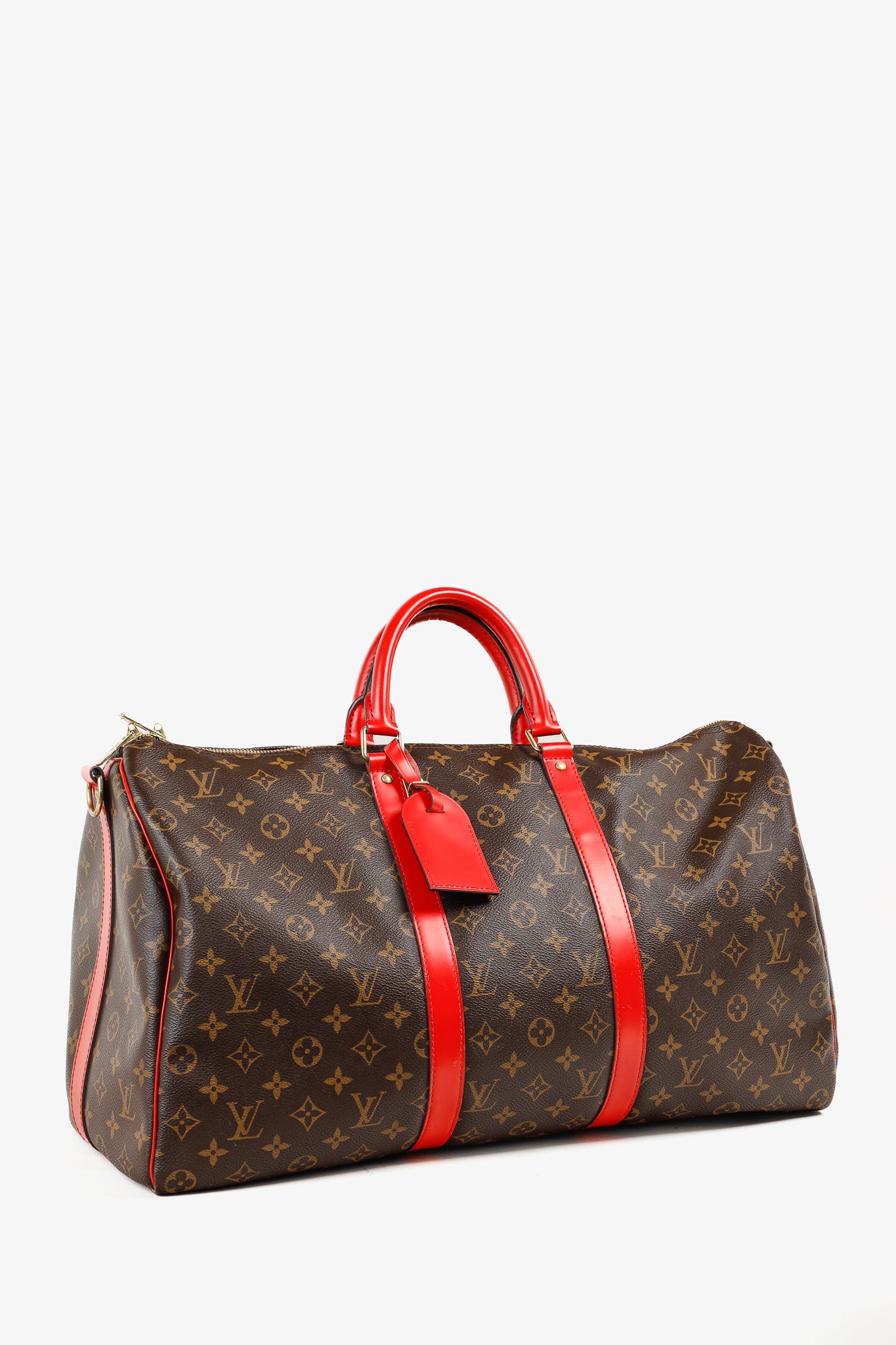 Louis Vuitton Keepall Bandoulière 50 Monogram Canvas & Coquelicot Leather Bag