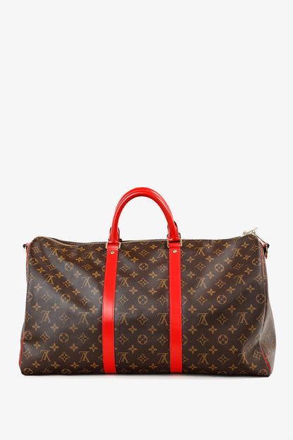 Louis Vuitton Keepall Bandoulière 50 Monogram Canvas & Coquelicot Leather Bag