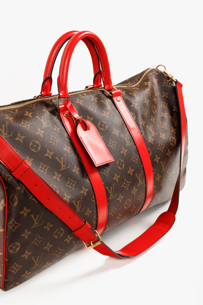 Louis Vuitton Keepall Bandoulière 50 Monogram Canvas & Coquelicot Leather Bag