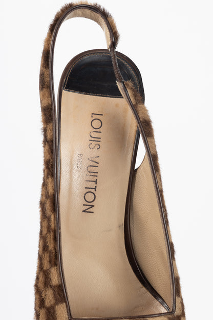 Louis Vuitton Vintage Damier Ebene Calf-Hair Slingback Pumps