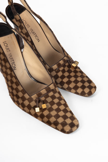 Louis Vuitton Vintage Damier Ebene Calf-Hair Slingback Pumps