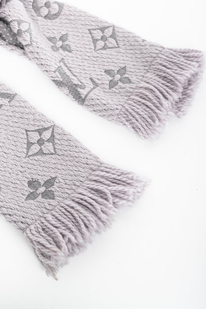 Louis Vuitton Logomania Pearl Grey Wool Monogram Fringe Scarf