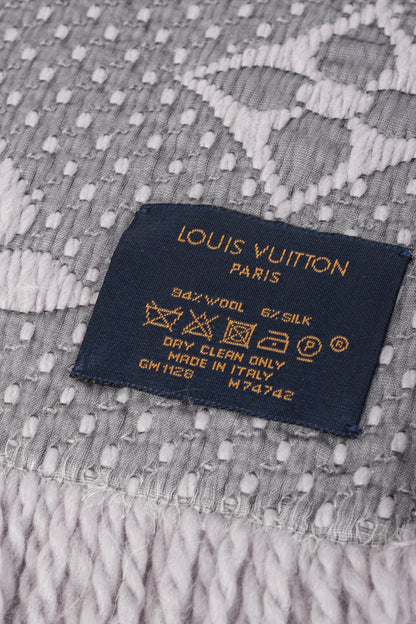 Louis Vuitton Logomania Pearl Grey Wool Monogram Fringe Scarf