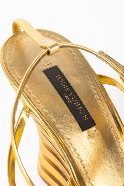 Louis Vuitton Lime Wedge Gold Leather Stepped-Heel Sandals