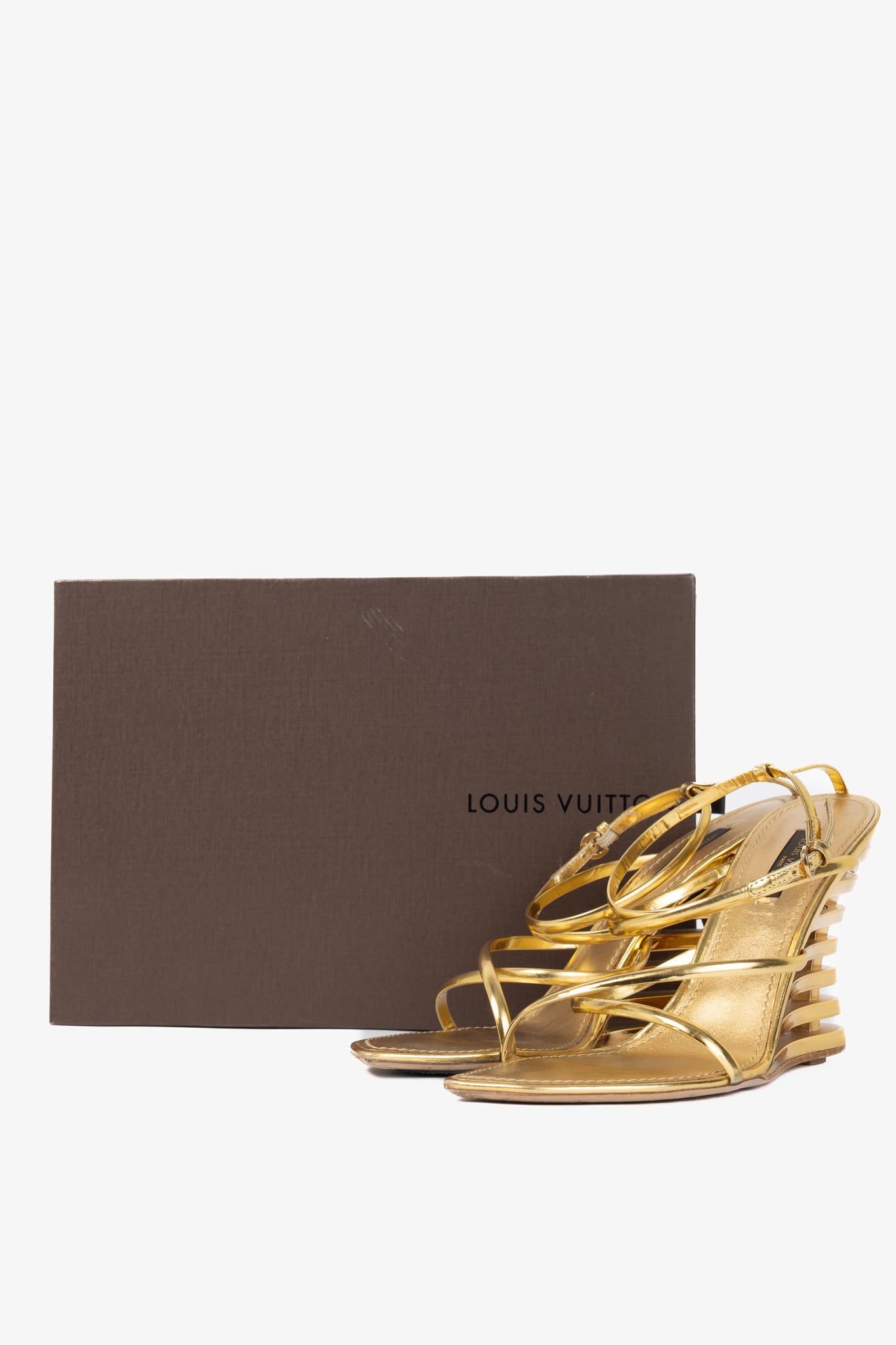Louis Vuitton Lime Wedge Gold Leather Stepped-Heel Sandals