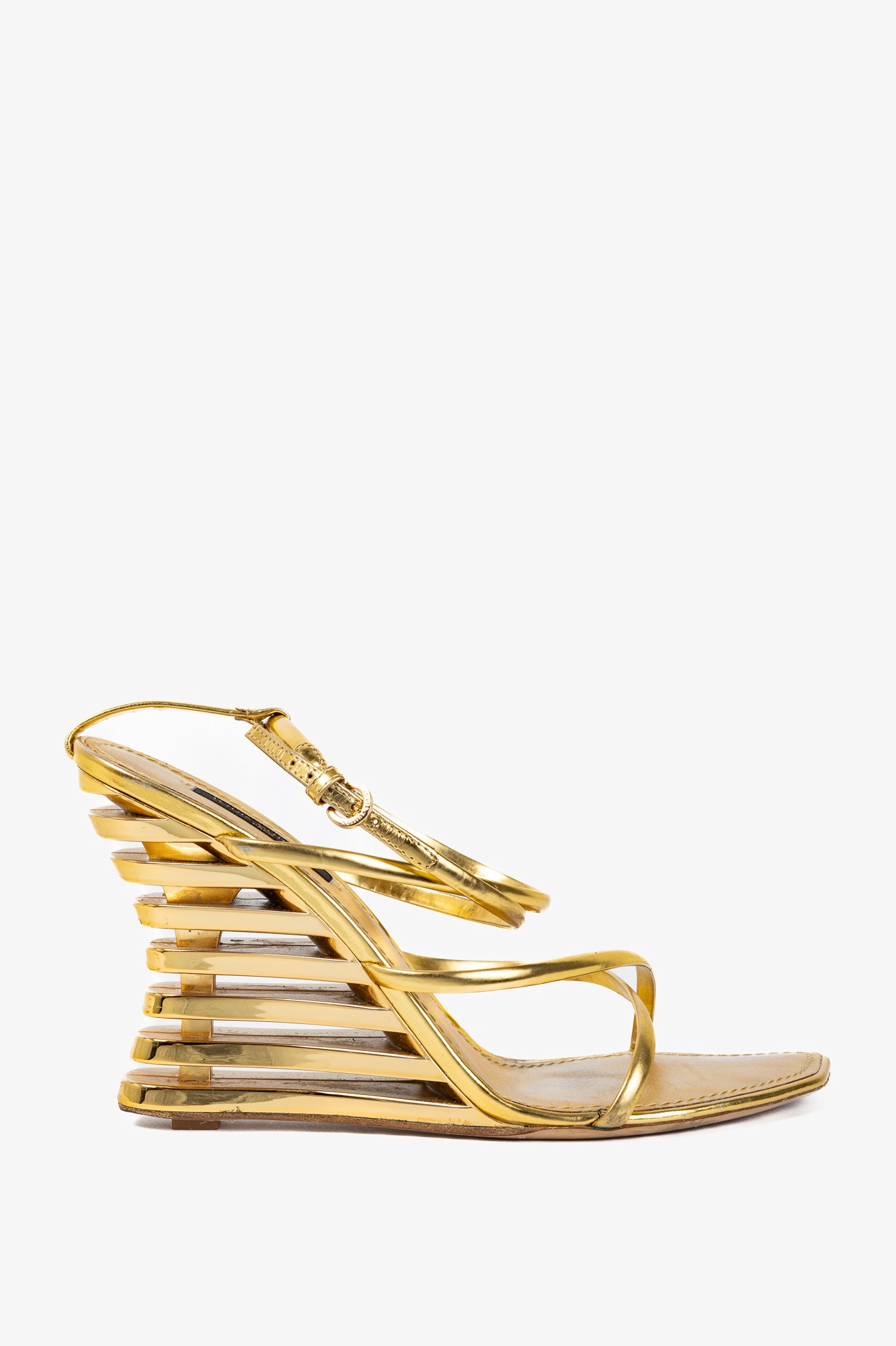 Louis Vuitton Lime Wedge Gold Leather Stepped-Heel Sandals