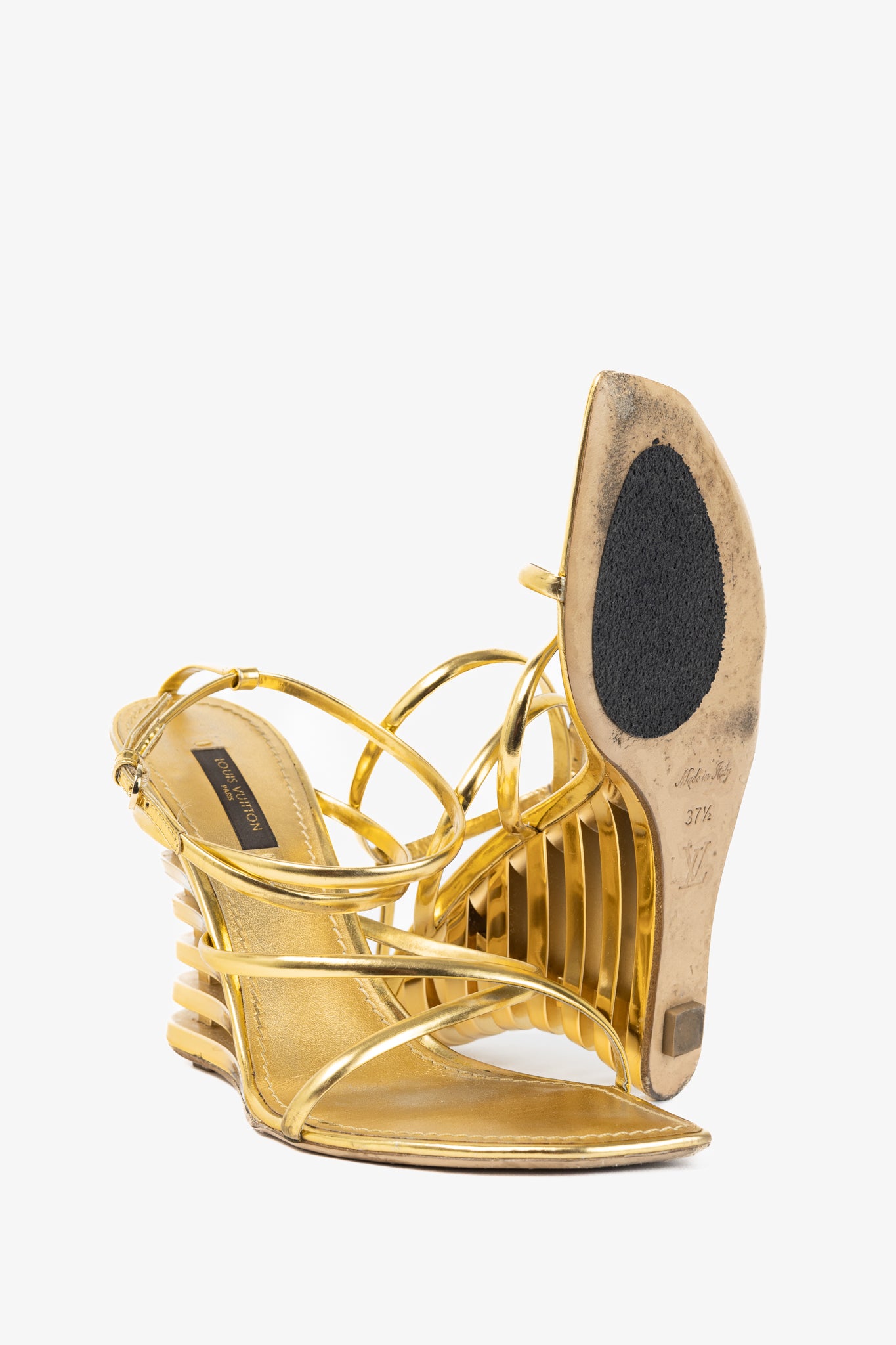 Louis Vuitton Lime Wedge Gold Leather Stepped-Heel Sandals