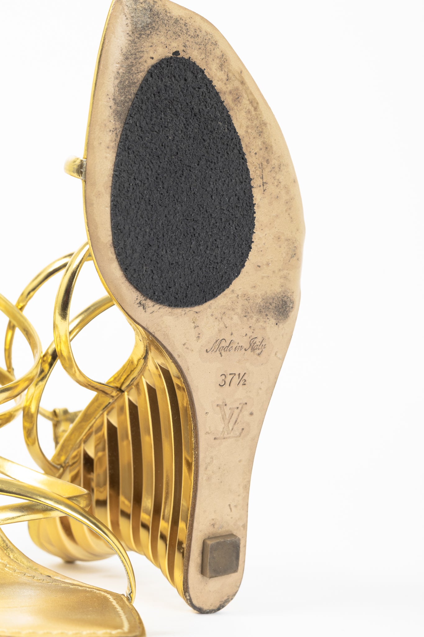 Louis Vuitton Lime Wedge Gold Leather Stepped-Heel Sandals