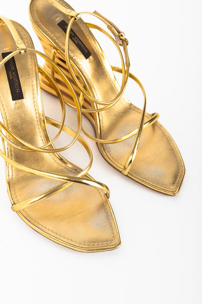 Louis Vuitton Lime Wedge Gold Leather Stepped-Heel Sandals