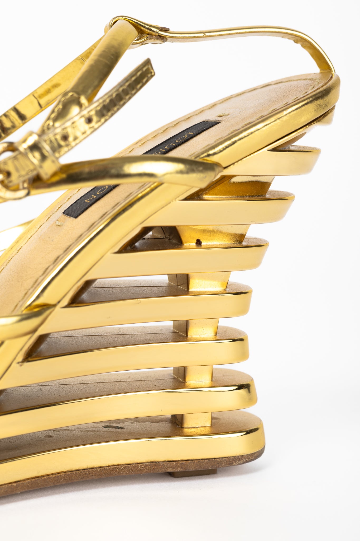 Louis Vuitton Lime Wedge Gold Leather Stepped-Heel Sandals