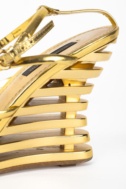 Louis Vuitton Lime Wedge Gold Leather Stepped-Heel Sandals