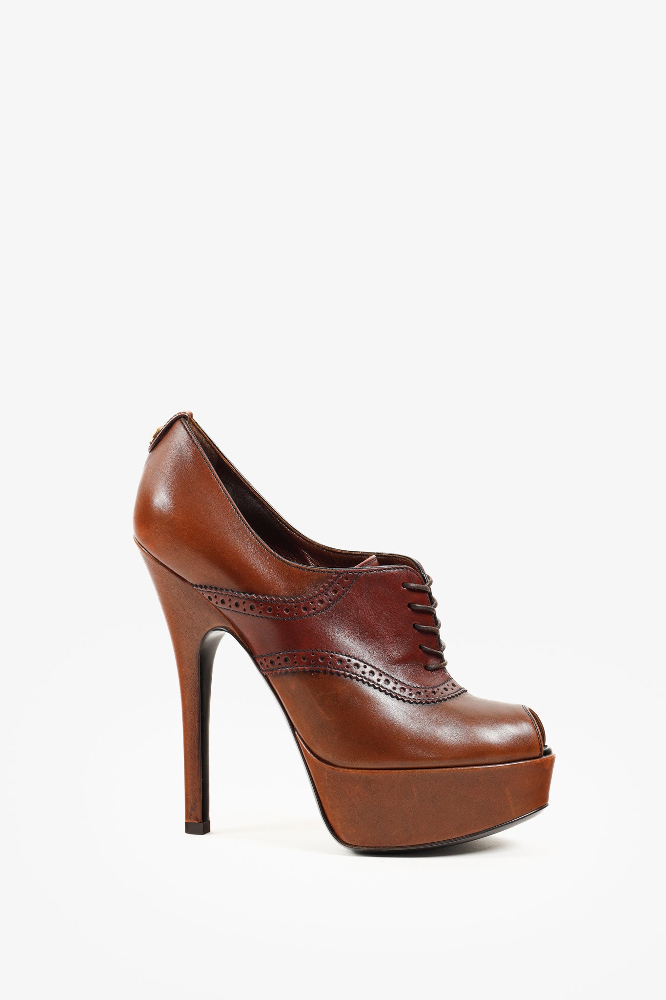 Louis Vuitton Brown Leather Lace Peep Toe Oxford Pumps