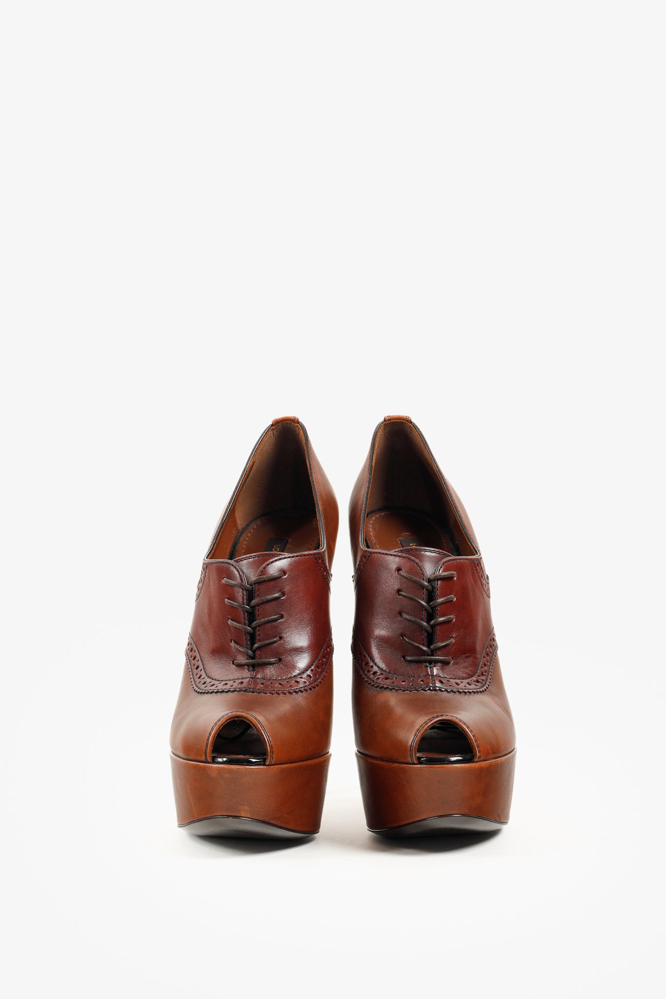 Louis Vuitton Brown Leather Lace Peep Toe Oxford Pumps