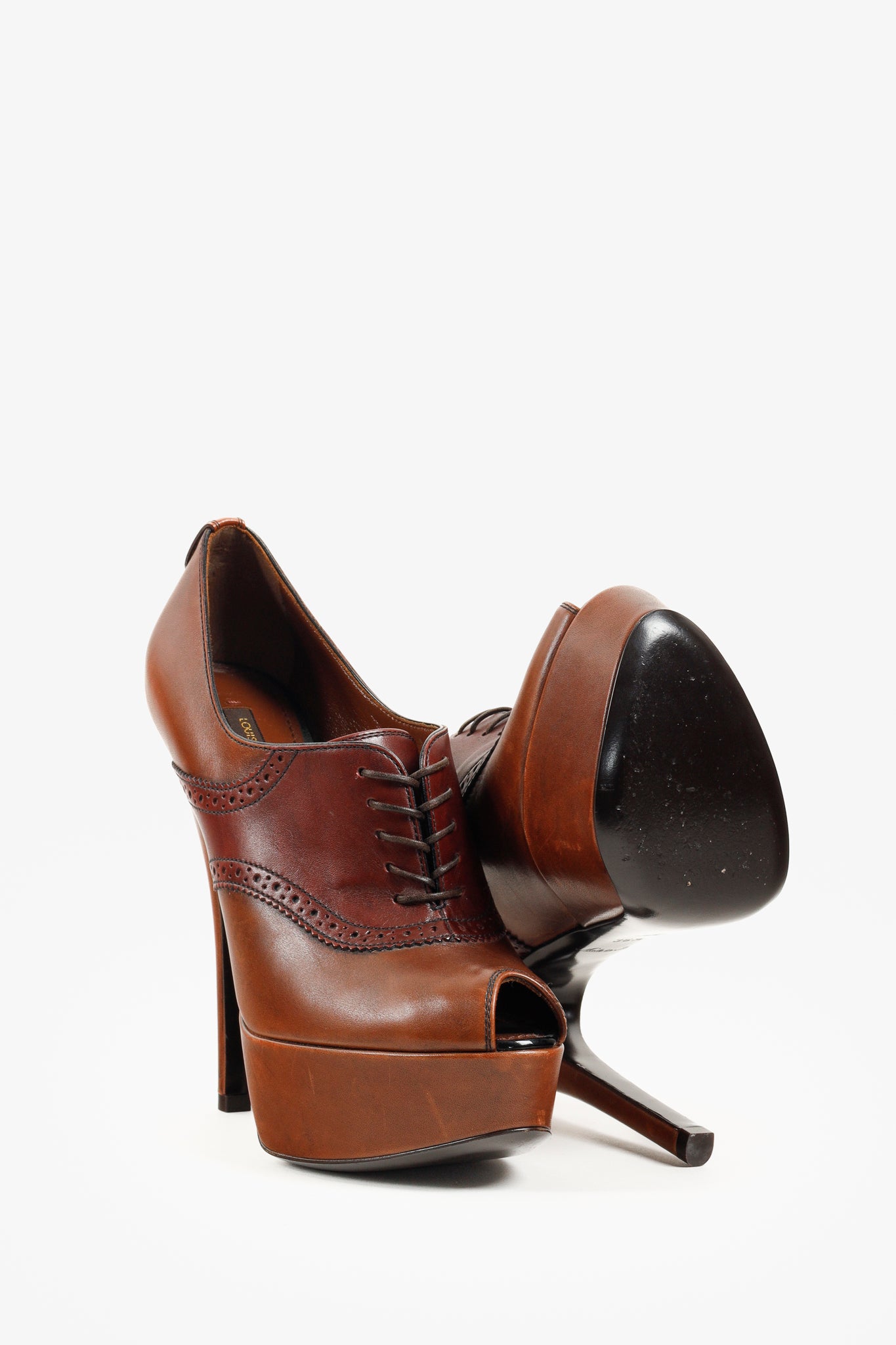Louis Vuitton Brown Leather Lace Peep Toe Oxford Pumps