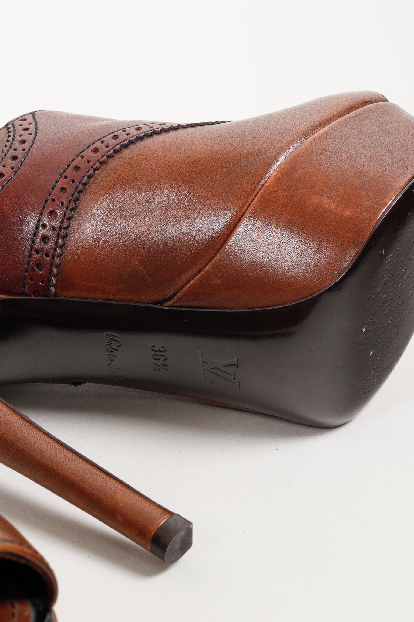 Louis Vuitton Brown Leather Lace Peep Toe Oxford Pumps