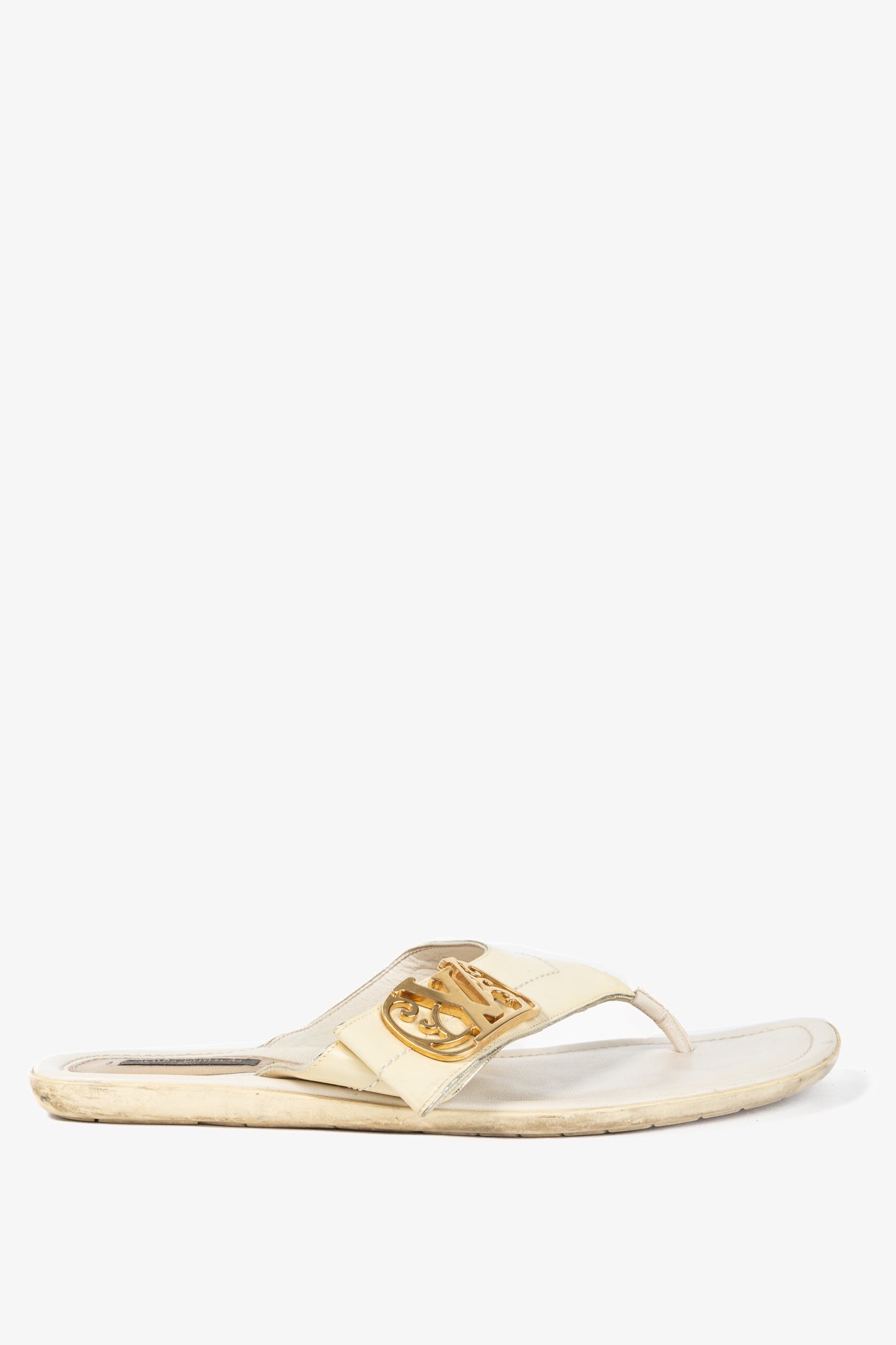 Louis Vuitton Zoé Blanc Patent-Leather LV Flat Thong Sandals