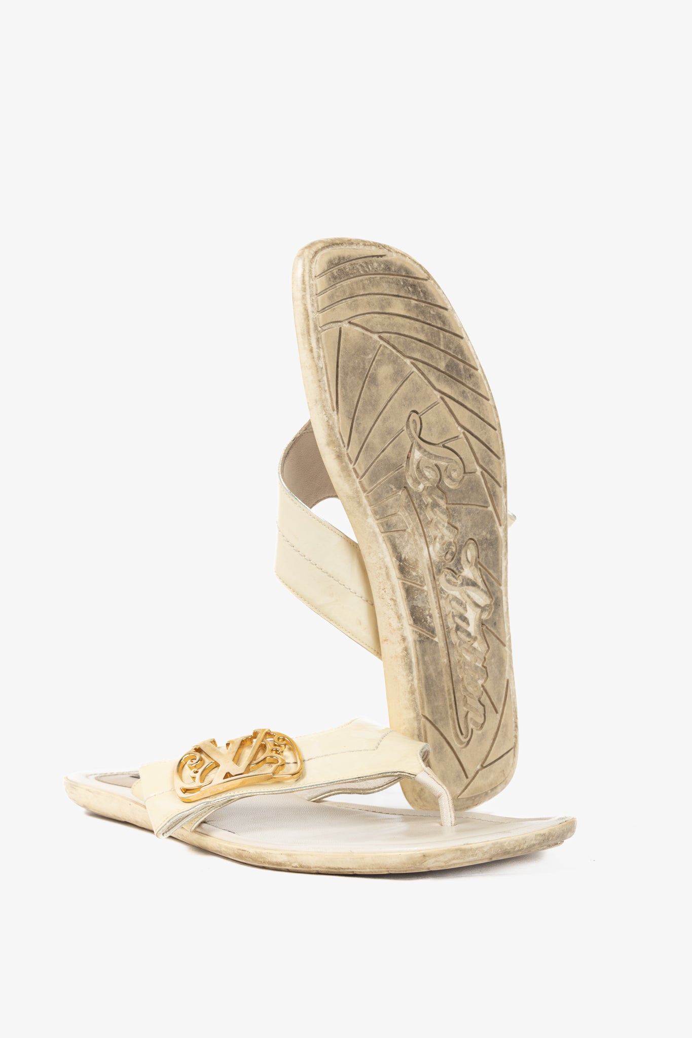 Louis Vuitton Zoé Blanc Patent-Leather LV Flat Thong Sandals