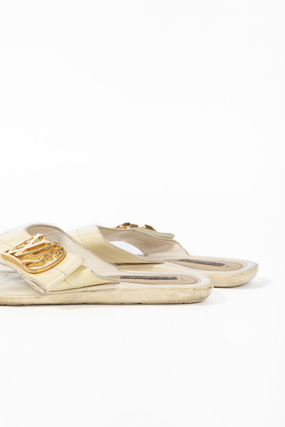Louis Vuitton Zoé Blanc Patent-Leather LV Flat Thong Sandals