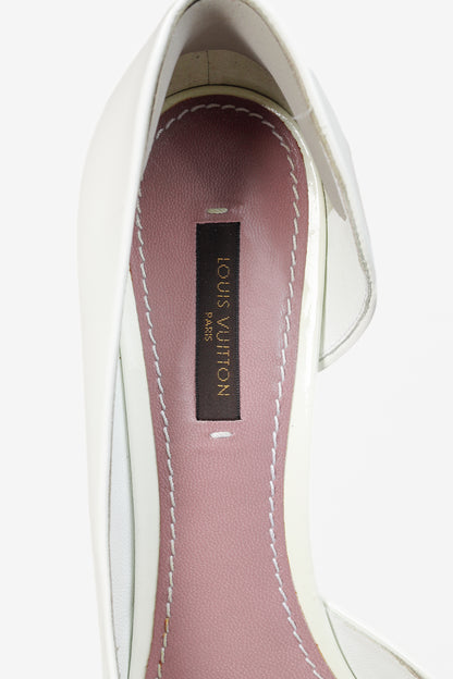 Louis Vuitton Apple White Patent Buckle-Bow Peep-Toe Pumps