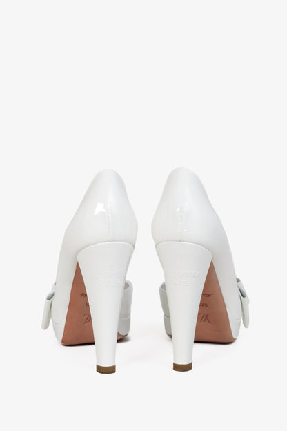 Louis Vuitton Apple White Patent Buckle-Bow Peep-Toe Pumps
