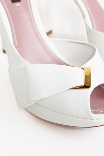 Louis Vuitton Apple White Patent Buckle-Bow Peep-Toe Pumps